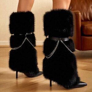 Women's Pointed Toe Stiletto Heels Fluffy Fur Boots Fashion Y2K Halloween Party